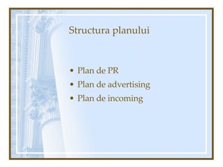 Structura planului Plan de PR Plan de advertising Plan de incoming 
