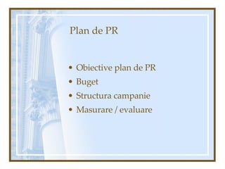 Plan de PR Obiective plan de PR Buget Structura campanie Masurare / evaluare 