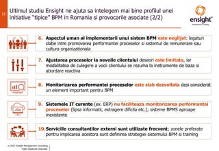 © 2017 Ensight Management Consulting
Toate drepturile rezervate.
13
Ultimul studiu Ensight ne ajuta sa intelegem mai bine profilul unei
initiative “tipice” BPM in Romania si provocarile asociate (2/2)
6. Aspectul uman al implementarii unui sistem BPM este neglijat: legaturi
slabe intre promovarea performantei proceselor si sistemul de remunerare sau
cultura organizationala
7. Ajustarea proceselor la nevoile clientului deseori este limitata, iar
modalitatea de culegere a vocii clientului se rezuma la instrumente de baza si
abordare reactiva
8. Monitorizarea performantei proceselor este slab dezvoltata desi considerat
un element important pentru BPM
9. Sistemele IT curente (ex. ERP) nu faciliteaza monitorizarea performantei
proceselor (lipsa informatii, extragere dificila etc.); sisteme BPMS aproape
inexistente
10.Serviciile consultantilor externi sunt utilizate frecvent; zonele preferate
pentru implicarea acestora sunt definirea strategiei sistemului BPM si training
 