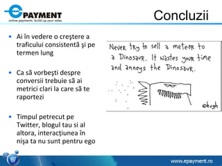 Concluzii Ai în vedere o creştere a traficului consistentã şi pe termen lung  Ca sã vorbeşti despre conversii trebuie sã ai metrici clari la care sã te raportezi Timpul petrecut pe Twitter, blogul tau si al altora, interacţiunea în nişa ta nu sunt pentru ego 