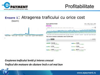 Profitabilitate Eroare 1 :  Atragerea traficului cu orice cost   (boom) Cre ş terea traficului lent ă   ş i interes crescut Trafic ul  din motoare de c ă utare  î nc ă  e cel mai bun   