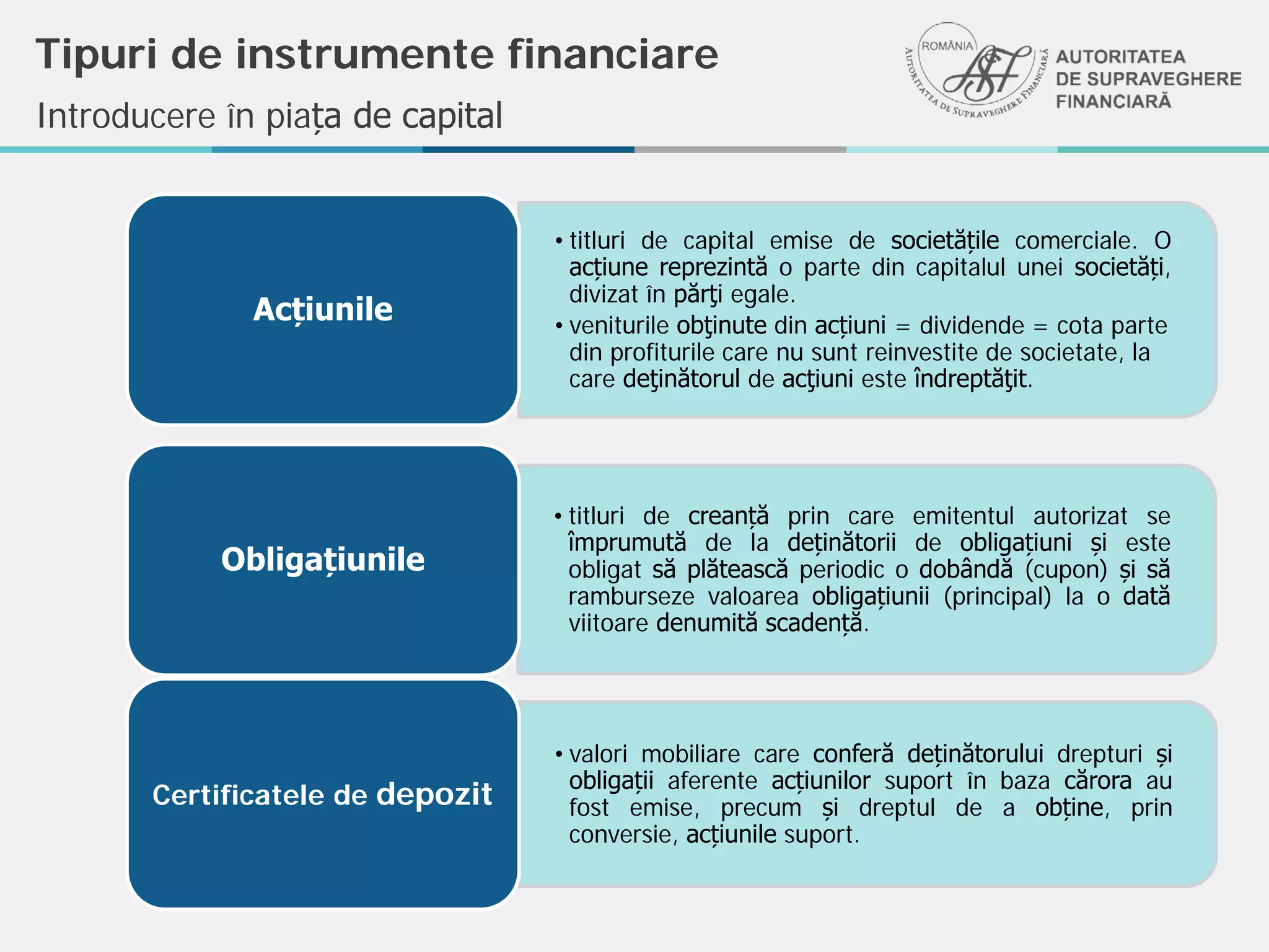 Tipuri de instrumente financiare
• titluri de capital emise de societățile comerciale. O
acțiune reprezintă o parte din capitalul unei societăți,
divizat în părţi egale.
• veniturile obţinute din acțiuni = dividende = cota parte
din profiturile care nu sunt reinvestite de societate, la
care deţinătorul de acţiuni este îndreptăţit.
Acțiunile
• titluri de creanță prin care emitentul autorizat se
împrumută de la deținătorii de obligațiuni și este
obligat să plătească periodic o dobândă (cupon) și să
ramburseze valoarea obligațiunii (principal) la o dată
viitoare denumită scadență.
Obligațiunile
• valori mobiliare care conferă deținătorului drepturi și
obligații aferente acțiunilor suport în baza cărora au
fost emise, precum și dreptul de a obține, prin
conversie, acțiunile suport.
Certificatele de depozit
Introducere în piața de capital
 