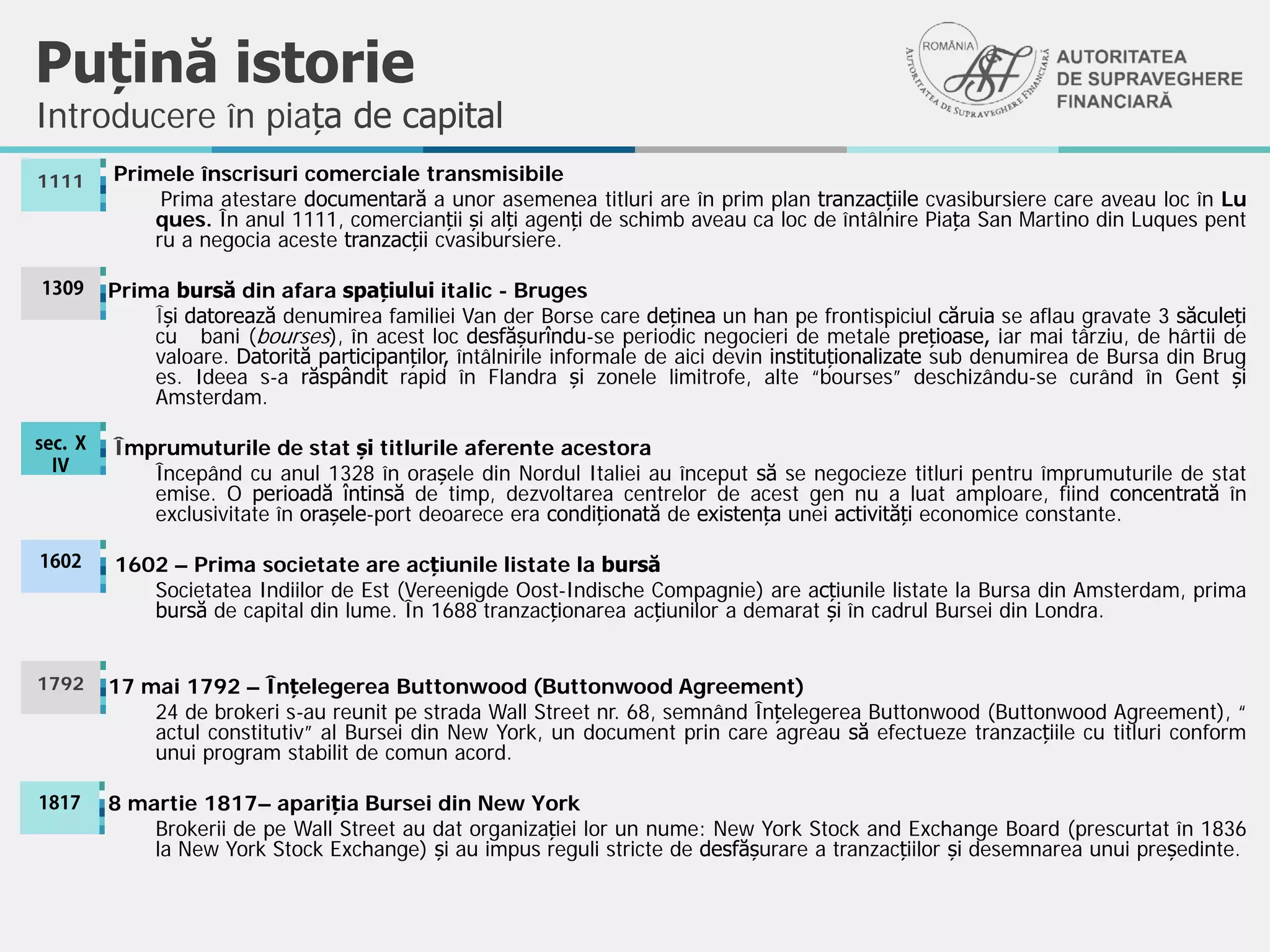 Puțină istorie
Introducere în piața de capital
Primele înscrisuri comerciale transmisibile
Prima atestare documentară a unor asemenea titluri are în prim plan tranzacțiile cvasibursiere care aveau loc în Lu
ques. În anul 1111, comercianții și alți agenți de schimb aveau ca loc de întâlnire Piața San Martino din Luques pent
ru a negocia aceste tranzacții cvasibursiere.
Prima bursă din afara spațiului italic - Bruges
Își datorează denumirea familiei Van der Borse care deținea un han pe frontispiciul căruia se aflau gravate 3 săculeți
cu bani (bourses), în acest loc desfășurîndu-se periodic negocieri de metale prețioase, iar mai târziu, de hârtii de
valoare. Datorită participanților, întâlnirile informale de aici devin instituționalizate sub denumirea de Bursa din Brug
es. Ideea s-a răspândit rapid în Flandra și zonele limitrofe, alte “bourses” deschizându-se curând în Gent și
Amsterdam.
Împrumuturile de stat și titlurile aferente acestora
Începând cu anul 1328 în orașele din Nordul Italiei au început să se negocieze titluri pentru împrumuturile de stat
emise. O perioadă întinsă de timp, dezvoltarea centrelor de acest gen nu a luat amploare, fiind concentrată în
exclusivitate în orașele-port deoarece era condiționată de existența unei activități economice constante.
1602 – Prima societate are acțiunile listate la bursă
Societatea Indiilor de Est (Vereenigde Oost-Indische Compagnie) are acțiunile listate la Bursa din Amsterdam, prima
bursă de capital din lume. În 1688 tranzacționarea acțiunilor a demarat și în cadrul Bursei din Londra.
17 mai 1792 – Înțelegerea Buttonwood (Buttonwood Agreement)
24 de brokeri s-au reunit pe strada Wall Street nr. 68, semnând Înțelegerea Buttonwood (Buttonwood Agreement), “
actul constitutiv” al Bursei din New York, un document prin care agreau să efectueze tranzacțiile cu titluri conform
unui program stabilit de comun acord.
8 martie 1817– apariția Bursei din New York
Brokerii de pe Wall Street au dat organizației lor un nume: New York Stock and Exchange Board (prescurtat în 1836
la New York Stock Exchange) și au impus reguli stricte de desfășurare a tranzacțiilor și desemnarea unui președinte.
1111
1309
1602
1792
1817
sec. X
IV
 