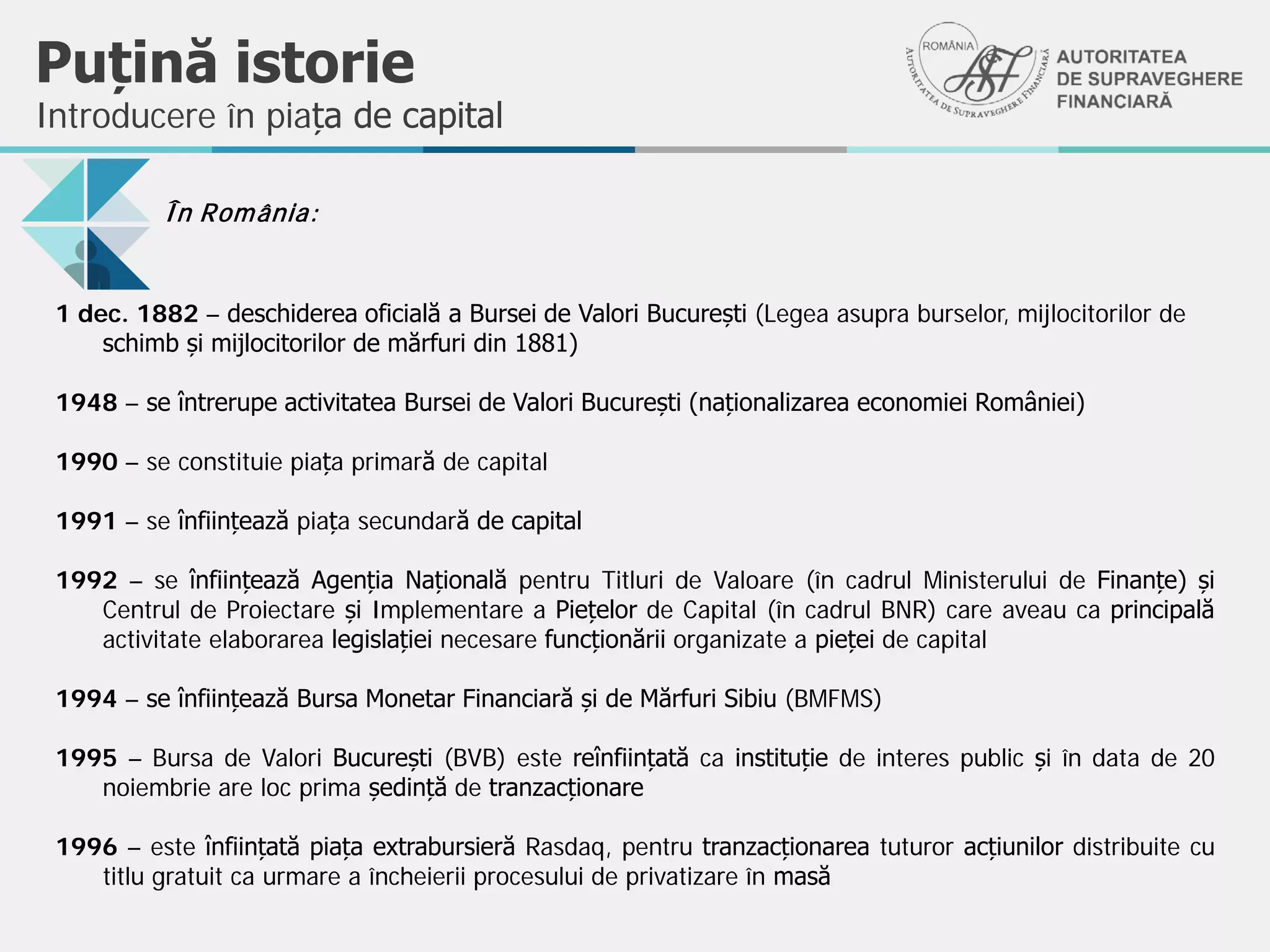 Puțină istorie
Introducere în piața de capital
În România:
1 dec. 1882 – deschiderea oficială a Bursei de Valori București (Legea asupra burselor, mijlocitorilor de
schimb și mijlocitorilor de mărfuri din 1881)
1948 – se întrerupe activitatea Bursei de Valori București (naționalizarea economiei României)
1990 – se constituie piața primară de capital
1991 – se înființează piața secundară de capital
1992 – se înființează Agenția Națională pentru Titluri de Valoare (în cadrul Ministerului de Finanțe) și
Centrul de Proiectare și Implementare a Piețelor de Capital (în cadrul BNR) care aveau ca principală
activitate elaborarea legislației necesare funcționării organizate a pieței de capital
1994 – se înființează Bursa Monetar Financiară și de Mărfuri Sibiu (BMFMS)
1995 – Bursa de Valori București (BVB) este reînființată ca instituție de interes public și în data de 20
noiembrie are loc prima ședință de tranzacționare
1996 – este înființată piața extrabursieră Rasdaq, pentru tranzacționarea tuturor acțiunilor distribuite cu
titlu gratuit ca urmare a încheierii procesului de privatizare în masă
 