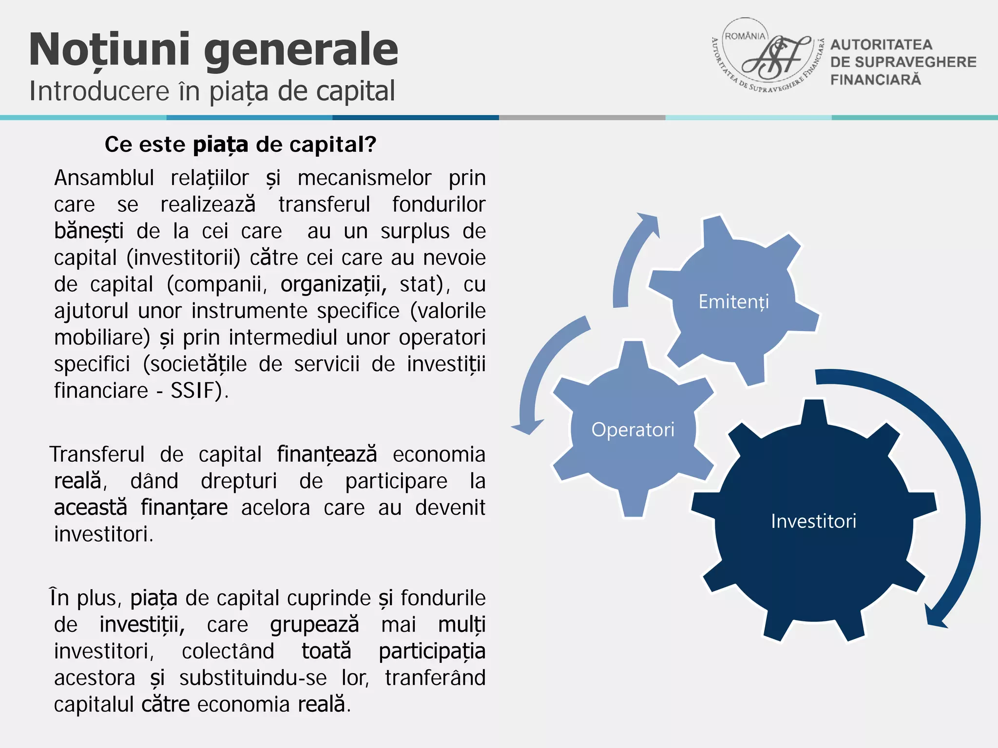 Noțiuni generale
Ce este piața de capital?
Ansamblul relațiilor și mecanismelor prin
care se realizează transferul fondurilor
bănești de la cei care au un surplus de
capital (investitorii) către cei care au nevoie
de capital (companii, organizații, stat), cu
ajutorul unor instrumente specifice (valorile
mobiliare) și prin intermediul unor operatori
specifici (societățile de servicii de investiții
financiare - SSIF).
Transferul de capital finanțează economia
reală, dând drepturi de participare la
această finanțare acelora care au devenit
investitori.
În plus, piața de capital cuprinde și fondurile
de investiții, care grupează mai mulți
investitori, colectând toată participația
acestora și substituindu-se lor, tranferând
capitalul către economia reală.
Investitori
Operatori
Emitenți
Introducere în piața de capital
 