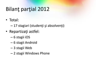 Bilanţ parţial 2012
• Total:
  – 17 stagiari (studenţi şi absolvenţi)
• Repartizaţi astfel:
  – 6 stagii iOS
  – 6 stagii Android
  – 3 stagii Web
  – 2 stagii Windows Phone
 