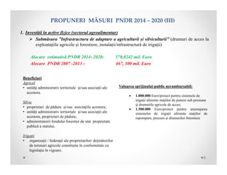 PROPUNERIMĂSURIPNDR2014– 2020(III)
1. Investiții în active fizice (sectorul agroalimentar)
 Submăsura ”Infrastructura de adaptare a agriculturii și silviculturii” (drumuri de acces la
exploatațiile agricole și forestiere, instalații/infrastructură de irigații)
Alocare estimativă PNDR 2014- 2020: 570,0242 mil. Euro
Alocare PNDR 2007 -2013 : 467, 300 mil. Euro
Beneficiari
Agricol
• unităţi administrativ teritoriale şi/sau asociaţii ale
acestora.
Silvic
• proprietari de pădure şi/sau asociaţiile acestora;
• unități administrativ teritoriale şi/sau asociaţii ale
acestora, proprietari de pădure;
• administratorii fondului forestier de stat proprietate
publică a statului.
Irigații
• organizaţii / federaţii ale proprietarilor/ deţinătorilor
de terenuri agricole constituite în conformitate cu
legislaţia în vigoare.
Valoarea sprijinului public nerambursabil:
 1.000.000 Euro/proiect pentru sistemele de
irigații aferente stațiilor de punere sub presiune
și drumurile agricole de acces;
 1.500.000 Euro/proiect pentru amenajarea
sistemelor de irigații aferente stațiilor de
repompare, precum și drumurilor forestiere
5
 