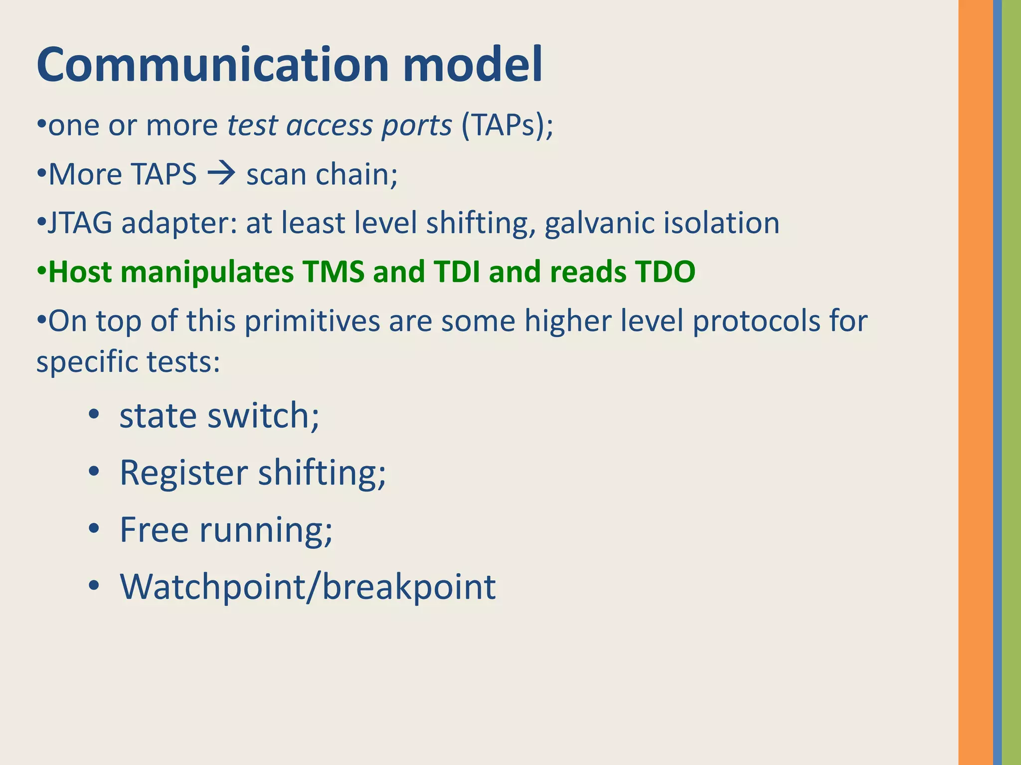 Communication modelone or more test access ports (TAPs);
