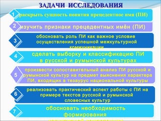 обосновать роль ПИ как важное условие
осуществления успешной межкультурной
коммуникации
изучить признаки прецедентных имён (ПИ)
ЗАДАЧИ ИССЛЕДОВАНИЯЗАДАЧИ ИССЛЕДОВАНИЯ
3
4
раскрыть сущность понятия прецедентное имя (ПИ)1
реализовать практический аспект работы с ПИ на
примере текстов русской и румынской
словесных культур
произвести сопоставительный анализ ПИ русской и
румынской культур на предмет выяснения характера
ПИ, входящих в тезаурус национальной культуры
сделать выборку и классификацию ПИ
в русской и румынской культурах
5
6
4
2
7
обосновать необходимость
формирования
 