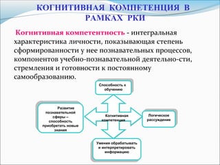 КОГНИТИВНАЯ КОМПЕТЕНЦИЯ В
РАМКАХ РКИ
Когнитивная компетентность - интегральная
характеристика личности, показывающая степень
сформированности у нее познавательных процессов,
компонентов учебно-познавательной деятельно-сти,
стремления и готовности к постоянному
самообразованию.
Когнитивная
компетенция
Когнитивная
компетенция
Развитие
познавательной
сферы –
cпособность
приобретать новые
знания
Развитие
познавательной
сферы –
cпособность
приобретать новые
знания
Способность к
обучению
Способность к
обучению
Логическое
рассуждение
Логическое
рассуждение
Умения обрабатывать
и интерпретировать
информацию
Умения обрабатывать
и интерпретировать
информацию
 