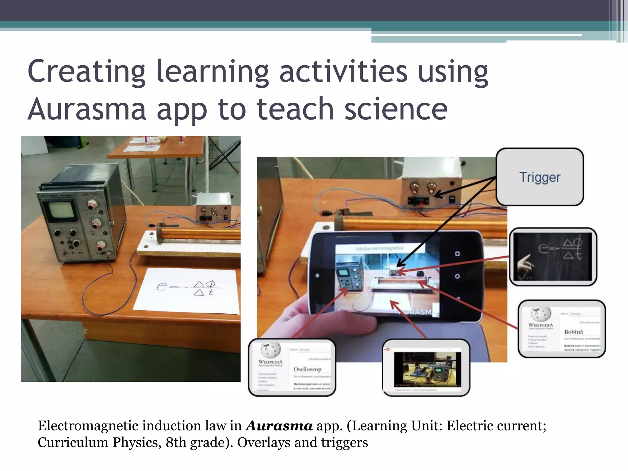 Creating learning activities using
Aurasma app to teach science
Electromagnetic induction law in Aurasma app. (Learning Unit: Electric current;
Curriculum Physics, 8th grade). Overlays and triggers
 