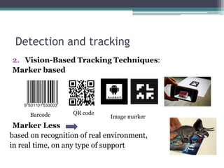 Detection and tracking
2. Vision-Based Tracking Techniques:
Marker based
Marker Less
based on recognition of real environment,
in real time, on any type of support
Barcode QR code
Image marker
 