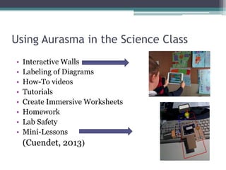 Using Aurasma in the Science Class
• Interactive Walls
• Labeling of Diagrams
• How-To videos
• Tutorials
• Create Immersive Worksheets
• Homework
• Lab Safety
• Mini-Lessons
(Cuendet, 2013)
 