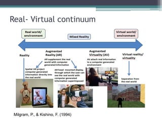 Real- Virtual continuum
Milgram, P., & Kishino, F. (1994)
 
