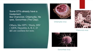Some STI's already have a
treatement,
like Chancroid, Chlamydia, He
rpes, Gonorrhea (The Clap).
Others, like HPV / Warts, HIV
/ AIDS, Hepatitis A, B, C, D
&E are cureless for now. Chancroid virus
Chlamydia virus
Gonorrhea virus
 
