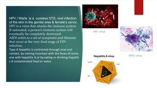 HPV / Warts is a cureless STD, viral infection
of the skin in the genital area & female’s cervix.
HIV is a virus that attacks the immune system.
If untreated, a person’s immune system will
eventually be completely destroyed.
AIDS refers to a set of symptoms and illnesses
that occur at the very final stage of HIV
infection.
Type A hepatitis is contracted through anal-oral
contact, by coming incontact with the feces of some
one with hepatitis A,or by eating or drinking hepatiti
s A contaminated food or water.
HIV virus
HPV virus
 