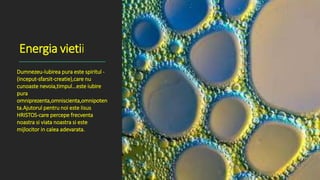 Energia vietii
Dumnezeu-Iubirea pura este spiritul -
(inceput-sfarsit-creatie),care nu
cunoaste nevoia,timpul...este iubire
pura
omniprezenta,omniscienta,omnipoten
ta.Ajutorul pentru noi este Iisus
HRISTOS-care percepe frecventa
noastra si viata noastra si este
mijlocitor in calea adevarata.
 