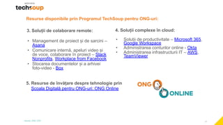 17
3. Soluții de colaborare remote:
• Management de proiect și de sarcini –
Asana
• Comunicare internă, apeluri video și
de voce, colaborare în proiect – Slack
Nonprofits, Workplace from Facebook
• Stocarea documentelor și a arhivei
foto-video - Box
4. Soluții complexe în cloud:
• Soluții de productivitate – Microsoft 365,
Google Workspace
• Administrarea conturilor online - Okta
• Administrarea infrastructurii IT – AWS,
TeamViewer
Resurse disponibile prin Programul TechSoup pentru ONG-uri:
5. Resurse de învățare despre tehnologie prin
Școala Digitală pentru ONG-uri: ONG Online
 