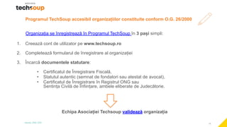 18
Programul TechSoup accesibil organizațiilor constituite conform O.G. 26/2000
Organizația se înregistrează în Programul TechSoup în 3 pași simpli:
1. Creează cont de utilizator pe www.techsoup.ro
2. Completează formularul de înregistrare al organizației
3. Încarcă documentele statutare:
• Certificatul de Înregistrare Fiscală,
• Statutul autentic (semnat de fondatori sau atestat de avocat),
• Certificatul de Înregistrare în Registrul ONG sau
Sentința Civilă de Înființare, ambele eliberate de Judecătorie.
Echipa Asociației Techsoup validează organizația
 