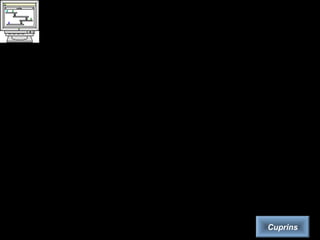 Organizarea datelor
Fişiere
– Stocarea permanentă a datelor impune o organizare a spaţiului care să asigure în permanenţă
accesul la ele. Elementul principal al organizării este fişierul (în engleză, „file”), care reprezintă
o secvenţă de octeţi servind un anumit scop, pe care utilizatorul îi grupează împreună pentru a fi
regăsiţi ulterior.
• Toate fişierele se identifică cu ajutorul numelui şi extensiei. Extensia este separată de nume printr-un
caracter de tip „punct”, reprezintă tipul fişierului, modul în care va fi recunoscut şi accesat de către
sistemul de operare.
• Tipurile de fişiere sunt foarte diverse, există sute de extensii standard. Fiecare aplicaţie recunoaşte şi
creează la rândul ei tipuri de fişiere specifice. Câteva exemple dintre cele mai uzuale ar fi:
– fişierele executabile, se recunosc după extensii cum ar fi .exe, .com, .bat etc.,
– fişiere de tip text (.txt, .doc, .rtf etc.),
– fişiere grafice (.gif, .bmp, .tif, .jpg etc.),
– fişiere tip colecţie de date (.dat, .dbf) etc.
• Fişierele executabile sau programele sunt liste organizate de instrucţiuni pe care calculatorul le va
executa şi în urma cărora se va comporta într-o manieră predeterminată. Programele conţin variabile
cărora li se atribuie diferite valori, şi instrucţiuni care îi spun calculatorului ce şi cum să lucreze cu
aceste variabile. Variabilele pot fi numere, date de tip text, grafică etc.
• Fişierele text conţin date de tip text, caracterele fiind reprezentate fizic prin codurile ASCII aferente.
ASCII (American Standard Code for Information Interchange) este un cod de reprezentare numerică
a caracterelor, care face posibilă transferarea datelor între calculatoare cu sisteme de operare diferite.
Fişierele text se mai numesc şi „documente”, în ideea că majoritatea lor sunt produse de editoare de
texte. Totuşi, în plus faţă de text, documentele mai conţin imagini, reprezentări grafice de diferite
forme, tabele de date etc.
Cuprins
 