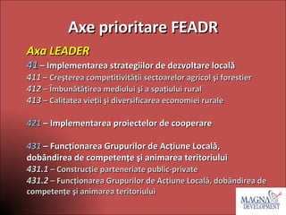 Axe prioritare FEADR Axa LEADER 41   – Implementarea strategiilor de dezvoltare locală 411   – Creşterea competitivităţii sectoarelor agricol şi forestier 412   – Îmbunătăţirea mediului şi a spaţiului rural 413   – Calitatea vieţii şi diversificarea economiei rurale 421  – Implementarea proiectelor de cooperare 431  – Funcţionarea Grupurilor de Acţiune Locală, dobândirea de competenţe şi animarea teritoriului  431.1   – Construcţie parteneriate public-private 431.2   – Funcţionarea Grupurilor de Acţiune Locală, dobândirea de competenţe şi animarea teritoriului  
