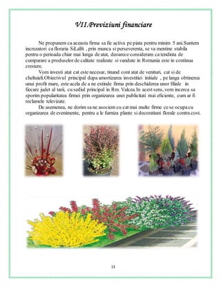 13
VII.Previziuni financiare
Ne propunem ca aceasta firma sa fie activa pe piata pentru minim 5 ani.Suntem
increzatori ca floraria SiLaBi , prin munca si perseverenta, se va mentine stabila
pentru o perioada chiar mai lunga de atat, deoarece consideram ca tendinta de
cumparare a produselor de calitate realizate si vandute in Romania este in continua
crestere.
Vom investi atat cat este necesar, tinand cont atat de venituri, cat si de
cheltuieli.Obiectivul principal dupa amortizarea investitiei initiale , pe langa obtinerea
unui profit mare, este acela de a ne extinde firma prin deschiderea unor filiale in
fiecare judet al tarii, cu sediul principal in Rm. Valcea.In acest sens, vom incerca sa
sporim popularitatea firmei prin organizarea unei publicitati mai eficiente, cum ar fi
reclamele televizate.
De asemenea, ne dorim sa ne asociem cu cat mai multe firme ce se ocupacu
organizarea de evenimente, pentru a le furniza plante si decoratiuni florale contra cost.
 