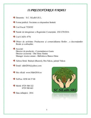 3
II.PREZENTAREA FIRMEI
Denumire: S.C. SiLaBi S.R.L.
Forma juridică: Societate cu răspundere limitată
Cod Fiscal: 7528392
Număr de intregistrare a Registrului Comerţului: J38/1270/2016
Cod CAEN: 4776
Obiect de activitate: Producerea şi comercializarea florilor , a decoraţiunilor
florale şi a arbuştilor.
Asociati:
Director de producţie - Constantinescu Laura
Director economic - Din Elena Simina
Manager resurse umane - Bărbulescu Bianca Elena
Adresa firmă: Budeşti (Buzesti), Rm.Valcea, judeţul Valcea
Email: silabi2016@yahoo.com
Site oficial: www.Silabi2016.ro
Tel/Fax: 0250 44 27 00
Mobil: 0729 500 322
0729 500 463
Data infiinţării: 2016
 