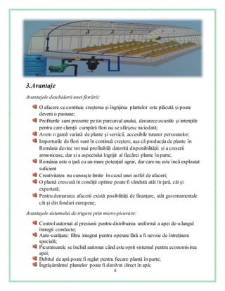 6
3.Avantaje
Avantajele deschiderii unei florării:
O afacere ce contituie creşterea şi îngrijirea plantelor este plăcută şi poate
deveni o pasiune;
Profiturile sunt prezente pe tot parcursul anului, deoarece ocaziile şi intenţiile
pentru care clienţii cumpără flori nu se sfârşesc niciodată;
Avem o gamă variată de plante şi servicii, accesibile tuturor persoanelor;
Importurile de flori sunt în continuă creştere, aşa că producţia de plante în
România devine tot mai profitabilă datorită disponibilităţii şi a creserii
armonioase, dar şi a aspectului îngrijit al fiecărei plante în parte;
România este o ţară cu un mare potenţial agrar, dar care nu este încă exploatat
suficient
Creativitatea nu cunoaşte limite în cazul unei astfel de afaceri;
O plantă crescută în condiţii optime poate fi vândută atât în ţară, cât şi
exportată;
Pentru demararea afacerii există posibilităţi de finanţare, atât guvernamentale
cât şi din fonduri europene;
Avantajele sistemului de irigare prin micro-picurare:
Control automat al presiunii pentru distribuirea uniformă a apei de-a lungul
întregii conducte;
Auto-curăţare: filtru integrat pentru operare fără a fi nevoie de întreţinere
specială;
Picuratoarele se închid automat când este oprit sistemul pentru economisirea
apei;
Debitul de apă poate fi reglat pentru fiecare plantă în parte;
Îngrăşământul plantelor poate fi dizolvat direct în apă;
 