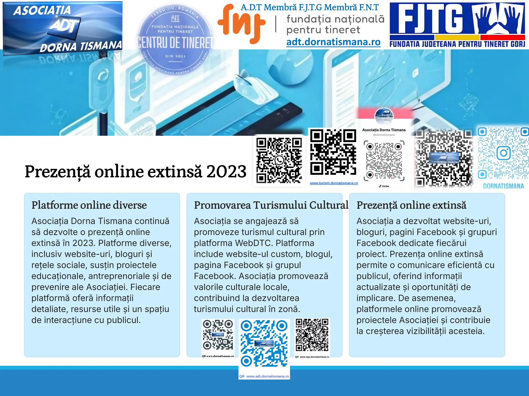 Prezență online extinsă 2023
Platforme online diverse
Asociația Dorna Tismana continuă
să dezvolte o prezență online
extinsă în 2023. Platforme diverse,
inclusiv website-uri, bloguri și
rețele sociale, susțin proiectele
educaționale, antreprenoriale și de
prevenire ale Asociației. Fiecare
platformă oferă informații
detaliate, resurse utile și un spațiu
de interacțiune cu publicul.
Promovarea Turismului Cultural
Asociația se angajează să
promoveze turismul cultural prin
platforma WebDTC. Platforma
include website-ul custom, blogul,
pagina Facebook și grupul
Facebook. Asociația promovează
valorile culturale locale,
contribuind la dezvoltarea
turismului cultural în zonă.
Prezență online extinsă
Asociația a dezvoltat website-uri,
bloguri, pagini Facebook și grupuri
Facebook dedicate fiecărui
proiect. Prezența online extinsă
permite o comunicare eficientă cu
publicul, oferind informații
actualizate și oportunități de
implicare. De asemenea,
platformele online promovează
proiectele Asociației și contribuie
la creșterea vizibilității acesteia.
A.D.T Membră F.J.T.G Membră F.N.T
adt.dornatismana.ro
 