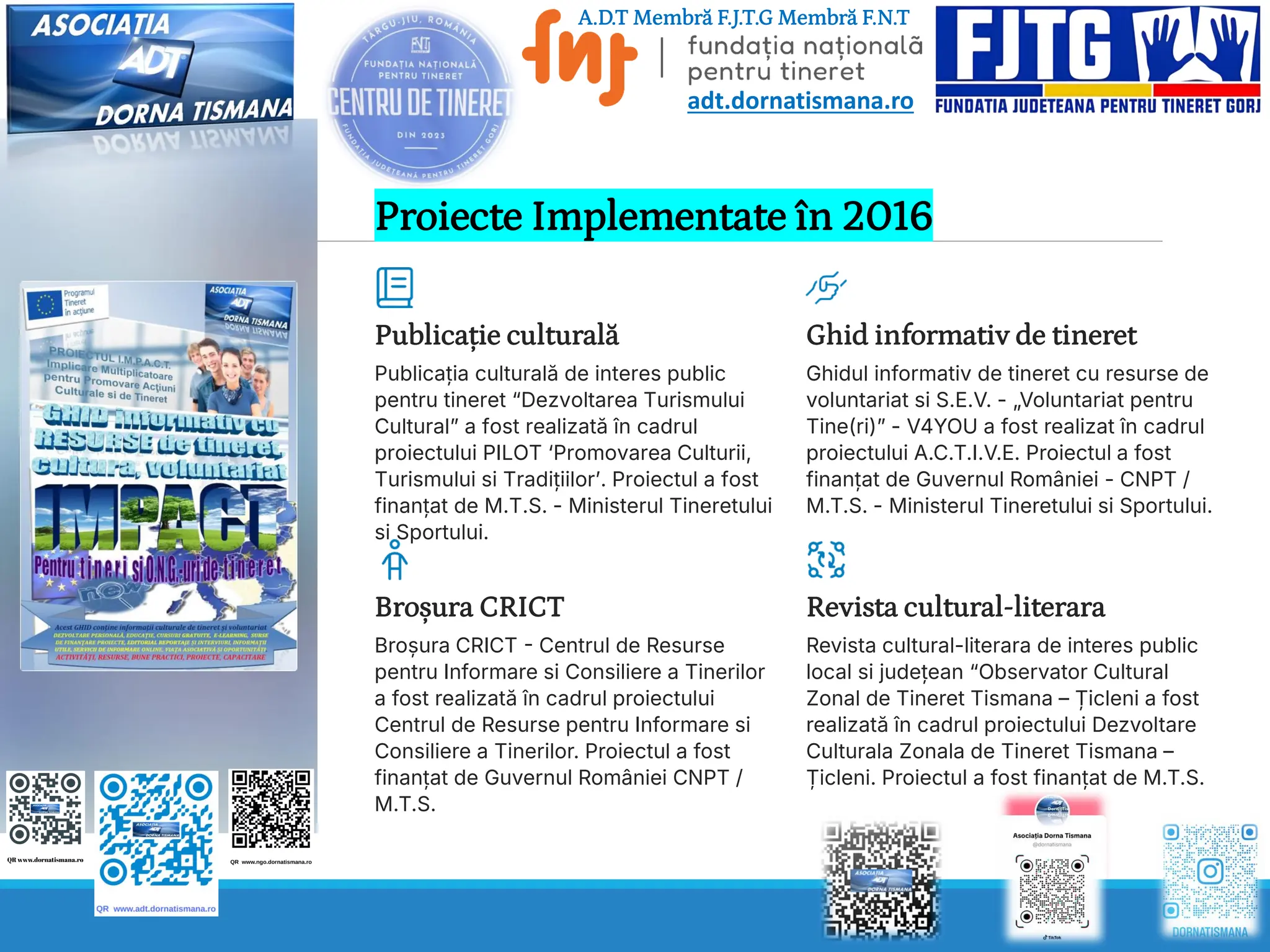 Proiecte Implementate în 2016
Publicație culturală
Publicația culturală de interes public
pentru tineret “Dezvoltarea Turismului
Cultural” a fost realizată în cadrul
proiectului PILOT ‘Promovarea Culturii,
Turismului si Tradițiilor’. Proiectul a fost
finanțat de M.T.S. - Ministerul Tineretului
si Sportului.
Ghid informativ de tineret
Ghidul informativ de tineret cu resurse de
voluntariat si S.E.V. - „Voluntariat pentru
Tine(ri)” - V4YOU a fost realizat în cadrul
proiectului A.C.T.I.V.E. Proiectul a fost
finanțat de Guvernul României - CNPT /
M.T.S. - Ministerul Tineretului si Sportului.
Broșura CRICT
Broșura CRICT - Centrul de Resurse
pentru Informare si Consiliere a Tinerilor
a fost realizată în cadrul proiectului
Centrul de Resurse pentru Informare si
Consiliere a Tinerilor. Proiectul a fost
finanțat de Guvernul României CNPT /
M.T.S.
Revista cultural-literara
Revista cultural-literara de interes public
local si județean “Observator Cultural
Zonal de Tineret Tismana – Țicleni a fost
realizată în cadrul proiectului Dezvoltare
Culturala Zonala de Tineret Tismana –
Țicleni. Proiectul a fost finanțat de M.T.S.
A.D.T Membră F.J.T.G Membră F.N.T
adt.dornatismana.ro
 