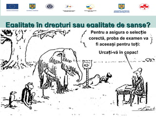 Egalitate în drepturi sau egalitate de şanse?Egalitate în drepturi sau egalitate de şanse?
Pentru a asigura o selec ieț
corectă, proba de examen va
fi aceea i pentru to i:ș ț
Urca i-vă în copac!ț
 