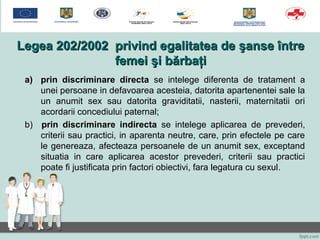 Legea 202Legea 202/2002 privind egalitatea de şanse între/2002 privind egalitatea de şanse între
femei şi bărbaţifemei şi bărbaţi
a) prin discriminare directa se intelege diferenta de tratament a
unei persoane in defavoarea acesteia, datorita apartenentei sale la
un anumit sex sau datorita graviditatii, nasterii, maternitatii ori
acordarii concediului paternal;
b) prin discriminare indirecta se intelege aplicarea de prevederi,
criterii sau practici, in aparenta neutre, care, prin efectele pe care
le genereaza, afecteaza persoanele de un anumit sex, exceptand
situatia in care aplicarea acestor prevederi, criterii sau practici
poate fi justificata prin factori obiectivi, fara legatura cu sexul.
 