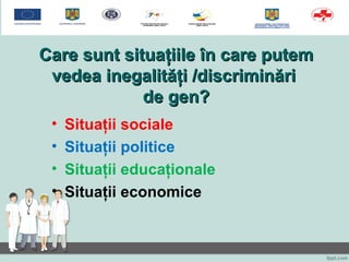Care sunt situaCare sunt situaţţiileiile în care putemîn care putem
vedea inegalităţi /discriminărivedea inegalităţi /discriminări
de gen?de gen?
• Situaţii sociale
• Situaţii politice
• Situaţii educaţionale
• Situaţii economice
 