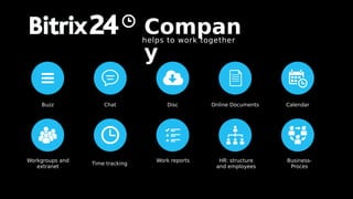Compan
y
Business-
Proces
Buzz
Workgroups and
extranet
DiscChat CalendarOnline Documents
Work reports HR: structure
and employees
Time tracking
helps to work together
 
