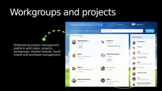 Workgroups and projects
Professional project management
platform with tasks, projects,
workgroups, Kanban boards, Gantt
charts and workload management.
 