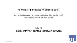 Inspirational Design3
Q: What is “processing” of personal data?
Any action between the moment personal data is collected &
the moment personal data is erased
Advice:
Check entry/exit points & the flow in-between
 