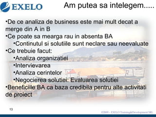 Am putea sa intelegem..... De ce analiza de business este mai mult decat a merge din A in B Ce poate sa mearga rau in absenta BA Continutul si solutiile sunt neclare sau neevaluate Ce trebuie facut: Analiza organizatiei Intervievarea  Analiza cerintelor Negocierea solutiei :  Evaluarea solutiei Beneficiile BA ca baza credibila pentru alte activitati de proiect 