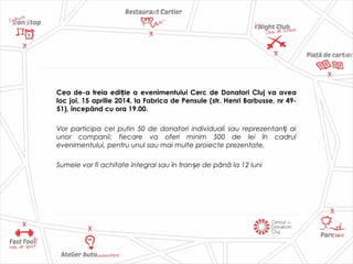 Cea de-a treia edi ie aț evenimentului Cerc de Donatori Cluj va avea
loc joi, 15 aprilie 2014, la Fabrica de Pensule (str. Henri Barbusse, nr 49-
51), începând cu ora 19.00.
Vor participa cel putin 50 de donatori individuali sau reprezentan i aiț
unor companii; fiecare va oferi minim 500 de lei în cadrul
evenimentului, pentru unul sau mai multe proiecte prezentate.
Sumele vor fi achitate integral sau în tran e de până la 12 luniș
 