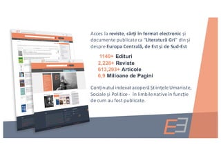 Acces	la	reviste,	cărți	în	format	electronic	și	
documente	publicate	ca	“Literatură	Gri”	din	și	
despre	Europa	Centrală,	de	Est	și	de	Sud-Est
1140+ Edituri
2,228+ Reviste
613,293+ Articole
6,9 Milioane de Pagini
Conținutul	indexat	acoperă	Științele	Umaniste,	
Sociale	și	Politice	- în	limbile	native	în	funcție	
de	cum	au	fost	publicate.
 