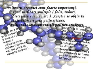 Polimerii organici sunt foarte importanţi, având utilizări multiple ( folii, tuburi, obiecte din cauciuc etc ). Aceştia   se obţin în cantităţi mari prin polimerizare, policondensare sau reacţii polimer-analoage.   Reactia care sta la baza formarii polimerului se numeste  polimerizare  iar alchena folosita ca materie prima se numeste  monomer.   Polimerizarea consta in unirea “cap la coada” a unui mare numar de alchene, prin desfacerea dublelor  legaturi  ,sub influenta catalizatorilor, a radicalilor liberi si in conditii de temperatura,rezultând o macromolecula de forma unui fir lung (molecula filiforma). 