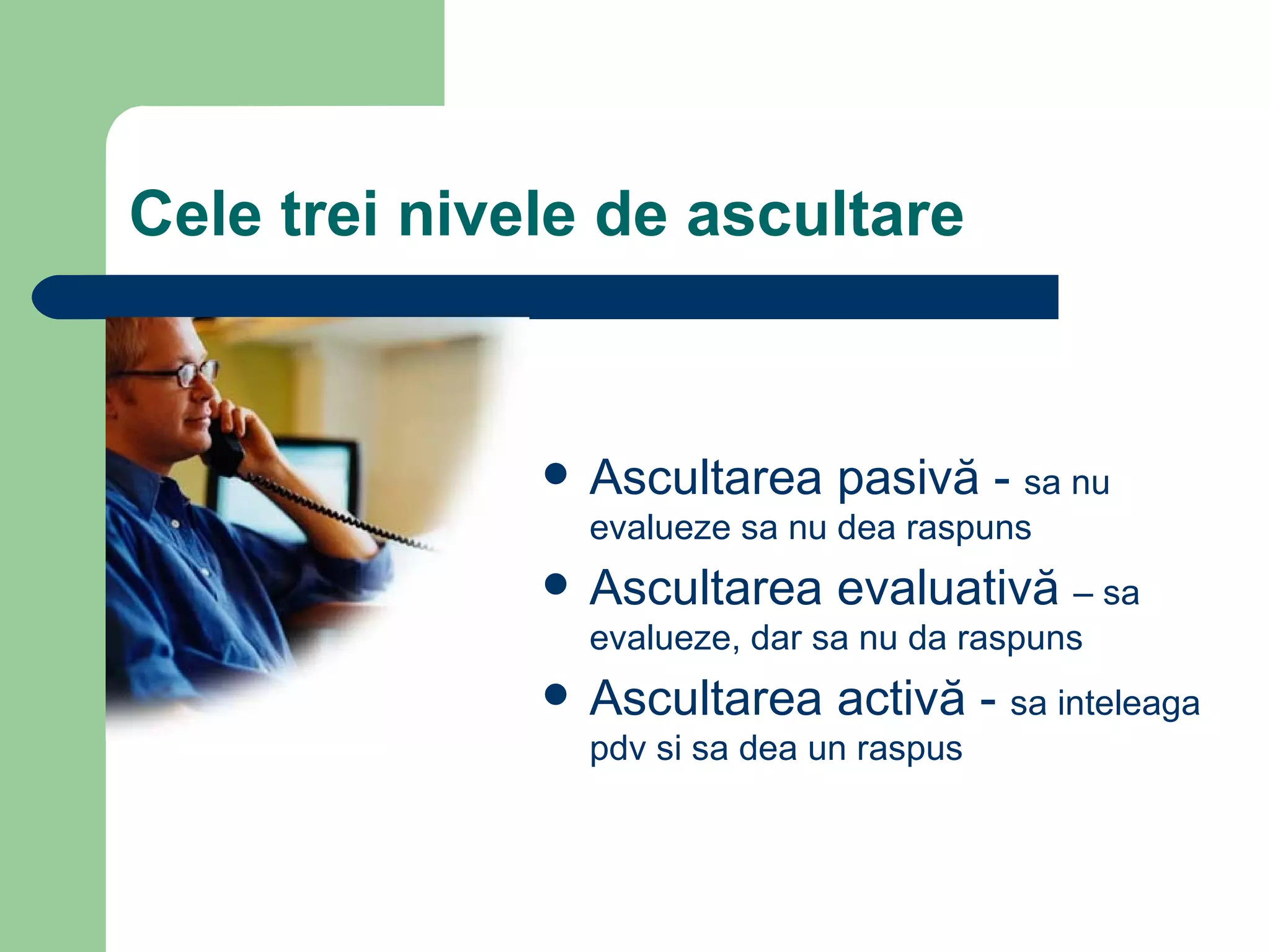 Cele trei nivele de ascultare Ascultarea pasivă   -  sa nu evalueze sa nu dea raspuns Ascultarea  evaluativ ă   – sa evalueze, dar sa nu da raspuns Ascultarea activă  -  sa inteleaga pdv si sa dea un raspus 