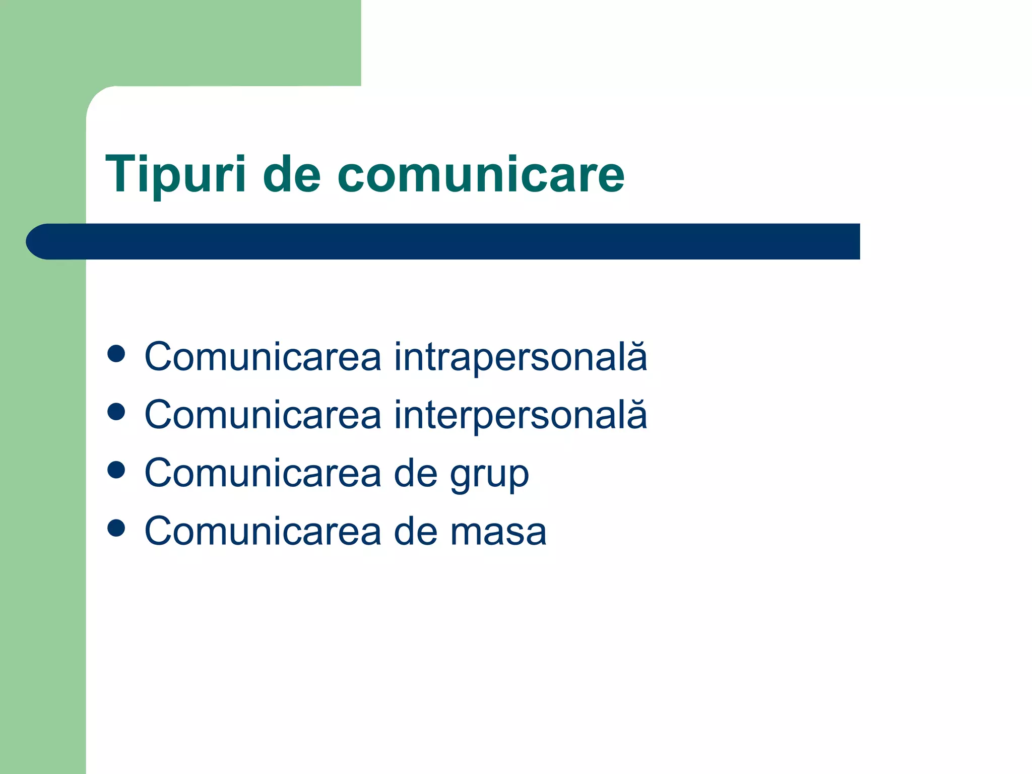 Tipuri de comunicare Comunicarea intrapersonală Comunicarea interpersonală Comunicarea de grup Comunicarea de masa 