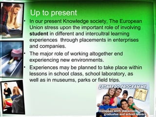 Up to present
• In our present Knowledge society, The European
Union stress upon the important role of involving
student in different and intercultral learning
experiences through placements in enterprises
and companies.
• The major role of working altogether end
experiencing new environments.
• Experiences may be planned to take place within
lessons in school class, school laboratory, as
well as in museums, parks or field trips.
 