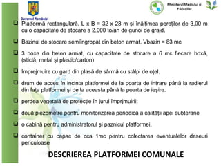  Platformă rectangulară, L x B = 32 x 28 m şi înălţimea pereţilor de 3,00 m
  cu o capacitate de stocare a 2.000 to/an de gunoi de grajd.
 Bazinul de stocare semiîngropat din beton armat, Vbazin = 83 mc

 3 boxe din beton armat, cu capacitate de stocare a 6 mc fiecare boxă,
  (sticlă, metal şi plastic/carton)
 împrejmuire cu gard din plasă de sârmă cu stâlpi de oţel.

 drum de acces în incinta platformei de la poarta de intrare până la radierul
  din faţa platformei şi de la aceasta până la poarta de ieşire.
 perdea vegetală de protecţie în jurul împrjmuirii;

 două piezometre pentru monitorizarea periodică a calităţii apei subterane

 o cabină pentru administratorul şi paznicul platformei.

 container cu capac de cca 1mc pentru colectarea eventualelor deseuri
  periculoase

              DESCRIEREA PLATFORMEI COMUNALE
 