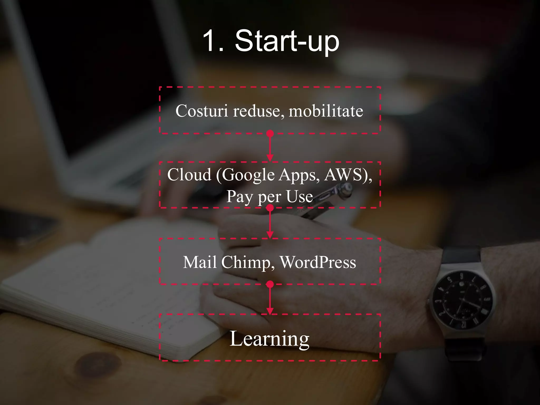 Costuri reduse, mobilitate
Cloud (Google Apps, AWS),
Pay per Use
Mail Chimp, WordPress
Learning
1. Start-up