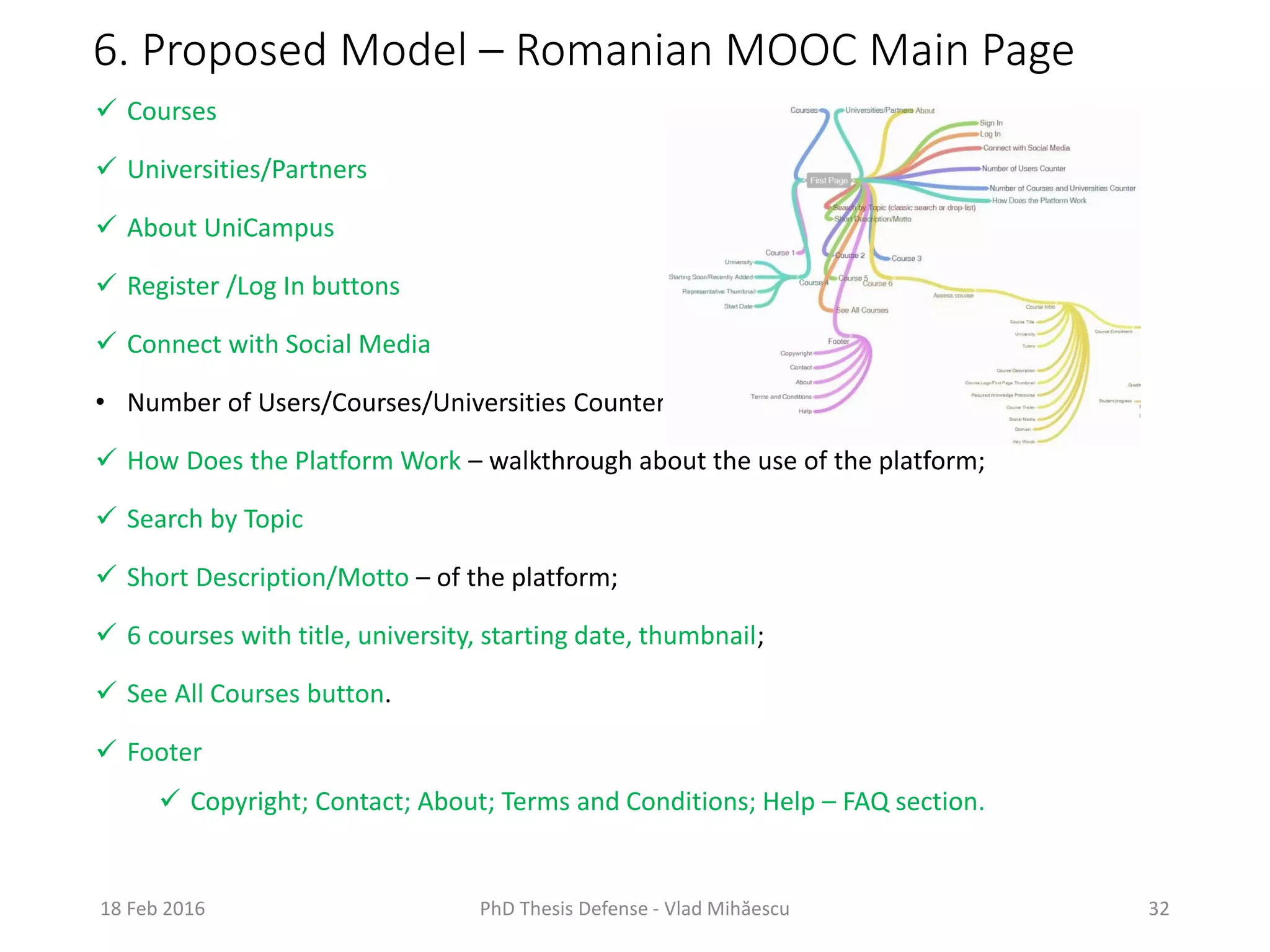 6. Proposed Model – Romanian MOOC Main Page
18 Feb 2016 PhD Thesis Defense - Vlad Mihăescu 32
 Courses
 Universities/Partners
 About UniCampus
 Register /Log In buttons
 Connect with Social Media
• Number of Users/Courses/Universities Counters
 How Does the Platform Work – walkthrough about the use of the platform;
 Search by Topic
 Short Description/Motto – of the platform;
 6 courses with title, university, starting date, thumbnail;
 See All Courses button.
 Footer
 Copyright; Contact; About; Terms and Conditions; Help – FAQ section.
 