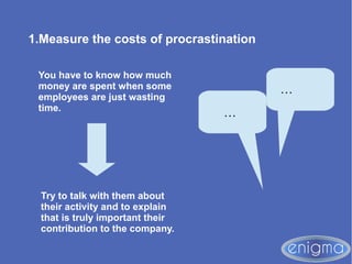 1.Measure the costs of procrastination
You have to know how much
money are spent when some
employees are just wasting
time.
…
…
Try to talk with them about
their activity and to explain
that is truly important their
contribution to the company.
 