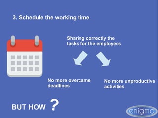 3. Schedule the working time
Sharing correctly the
tasks for the employees
No more overcame
deadlines
No more unproductive
activities
BUT HOW ?
 