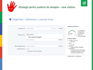 Strategii pentru publicul de dreapta – new visitors 
Target Nou – Behaviors– Luna de miere 
 