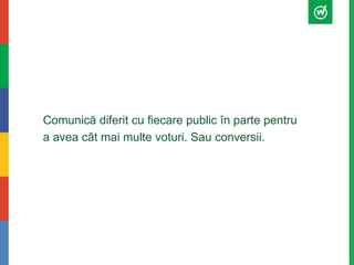 Comunică diferit cu fiecare public în parte pentru 
a avea cât mai multe voturi. Sau conversii. 
 